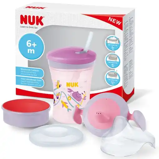 Set NUK 3-in-1 pentru a invata sa bei cu ceasca de antrenor 6 luni cupa magica 360deg pentru invatare 8 M si sticla de baut Action Cup pentru copii 12 Ofertă specială