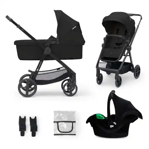 Reducere de preț Carucior Kinderkraft NEW 3 in 1, Set complet pana la 22 kg, Scaun auto pentru copii I-Size 40-75 cm in set, Carucior combinat cu sac pentru picioare, Baldachin impermeabil cu UPF50+, pliabil, pozitie culcat, negru