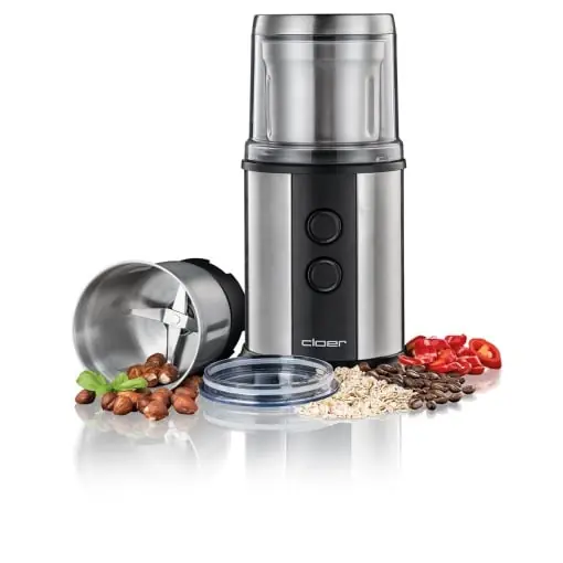 Cloer 7419 Rasnita electrica de cafea si condimente cu cutit de impact din otel inoxidabil, 350W, 2 recipiente detasabile din otel inoxidabil, pentru pesto, ierburi, nuci si cereale, boabe de cafea de pana la 80g, capac de protectie Livrare rapidă