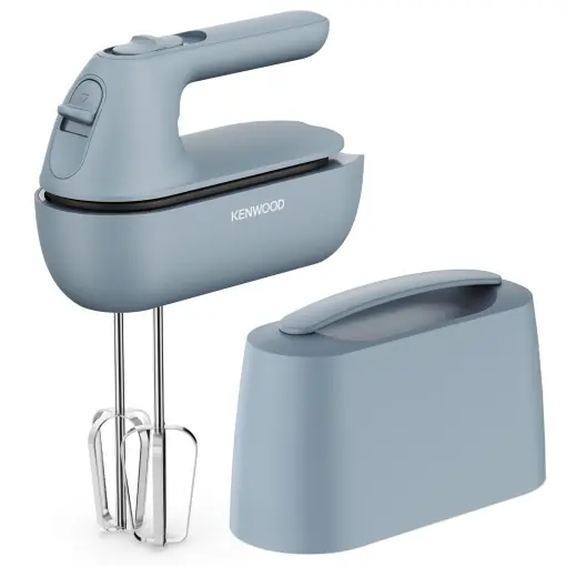 Mixer de mana Kenwood QuickMix Go HMP40.000GY, portabil datorita carcasei integrate, inclusiv tel din otel inoxidabil si carlig pentru aluat, lingura de masurare, 350W, gri-albastru Promoție