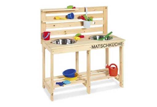 PINOLINO 221011 Mud Kitchen Paul, netratat, lemn masiv, priza pentru furtun de gradina in peretele din spate, pentru copii de la 3 ani Reducere specială