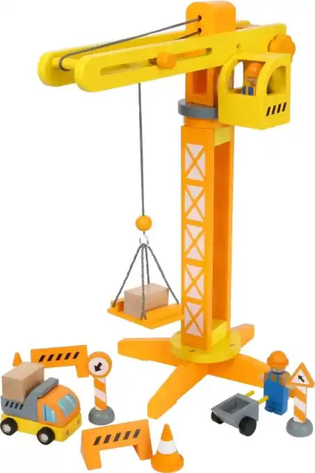 Macara de constructii cu picior mic cu accesorii de santier din lemn, set de joaca pentru copii de la 3 ani, 12007 Chilipir