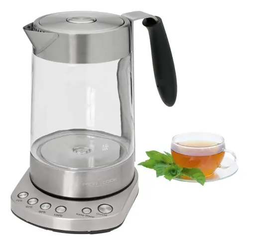 Fierbator de sticla ProfiCook(r) | 1,7 litri | Carcasa din sticla/otel inoxidabil | 70deg C pana la 100deg C | 3000 wati max. | maner cauciucat | Filtru de ceai din otel inoxidabil | Functia de mentinere la cald | PC-WK 1020 G Reducere extra