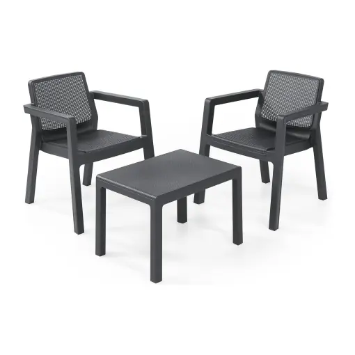 Allibert by Keter Emily Set de mobilier de balcon din plastic din 3 piese, pentru gradina si balcon, masa de gradina si 2 scaune de gradina, rezistent la intemperii, grafit Premium
