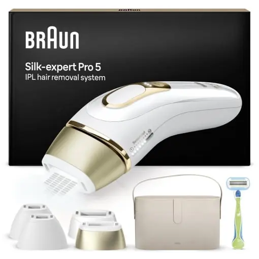 Braun IPL Silk*expert Pro 5, epilare pentru casa, alternativa la epilarea cu laser, cu geanta de depozitare, aparat de ras Venus, 4 atasamente, alb si auriu, PL5342 Ofertă
