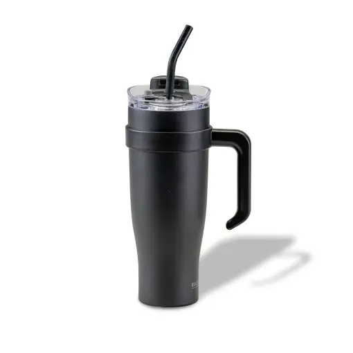 Nu rata FACKELMANN Pahar de baut izolat XXL negru 1200 ml - Pentru bauturi reci, fabricat din otel inoxidabil de inalta calitate, cu izolatie cu pereti dubli si extensie flexibila a paielor de baut