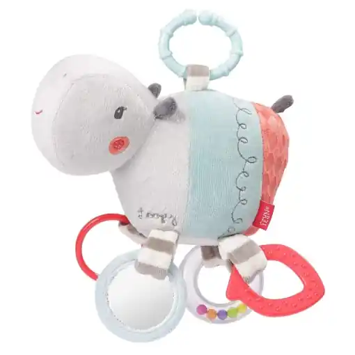 Fehn 059052 Activity Hippopotamus cu inel - jucarie pentru abilitati motorii de agatat cu pandantive interesante pentru a apuca si a scoate sunete - un insotitor perfect pentru bebelusi si copii mici de la 0+ luni Chilipir
