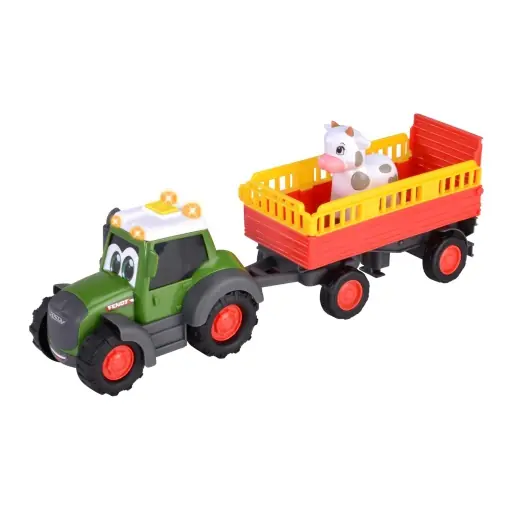 Dickie Toys ABC Farm Tractor Fendti de la 1 an (30 cm) - Tractor Fendt cu transportor de animale colorat si vaca, vehicul de jucarie cu lumina si sunet pentru a promova abilitatile motorii pentru copiii mici Reducere extra
