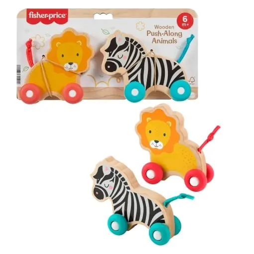 Transport gratuit Jucarie tobogan din lemn Fisher-Price pentru bebelusi, set de 2 animale glisante cu roti din silicon pentru copii mici de 6 luni si peste, JFN19