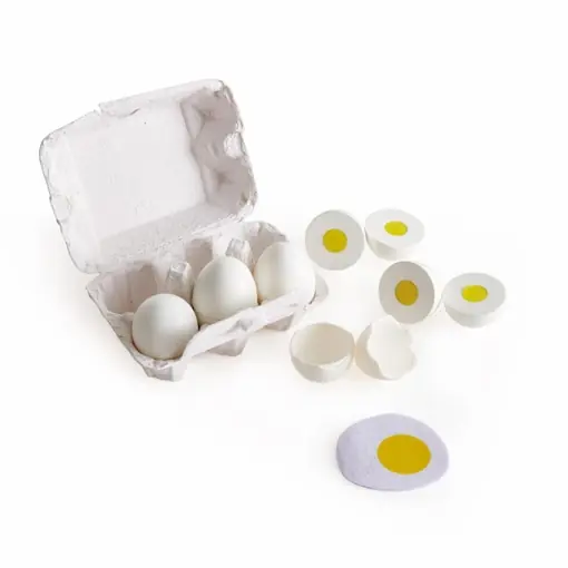Bestseller Hape Egg Carton 3 oua fierte tari cu coaja usor detasabila si 3 oua prajite, jucarie educationala realista pentru copii de la varsta de trei ani din lemn