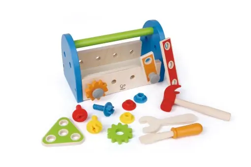 Livrare expres Hape Cutie de scule din lemn cu accesorii | Set de joaca cu ciocan pentru copii, rezolvarea problemelor, joc de rol, 17 piese