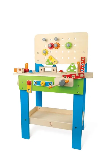 Comandă acum Hape Meister-Werkbench | Banca de instrumente din lemn premiata pentru copii Joc de jucarie Constructie creativa, atelier reglabil pe inaltime de 35 de piese pentru copii mici