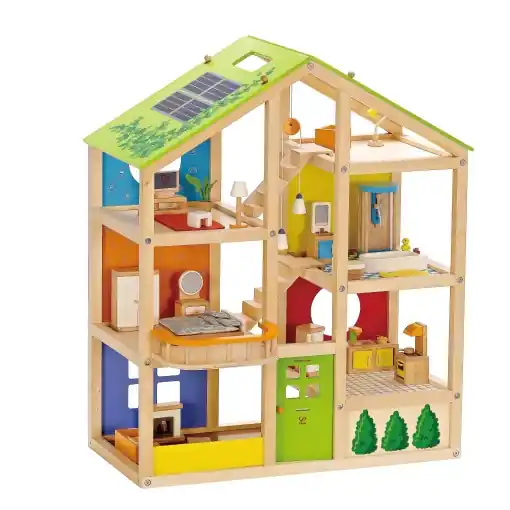 Casa de papusi din lemn Hape Four-Seasons Premiata Casa de papusi cu trei etaje, cu mobilier, accesorii, scari glisante si acoperis reversibil pentru fiecare sezon Cel mai vândut