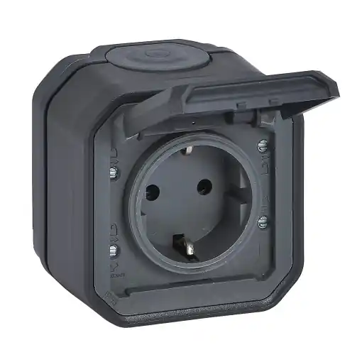 LEGRAND, Plexo New Priza rezistenta la umiditate, standard Schuko, inclusiv capac cu balamale, protectie la contact, terminale plug-in, 16 amperi, 250 volti, IP44 - IK07, culoare: antracit, 069799L Vezi acum