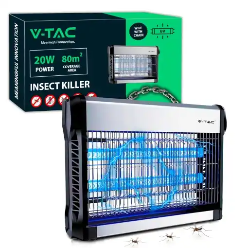 Preț mic V-TAC Insect Killer Electric 20 W cu suprafata utila de 80 m2 - design subtire - plasa de tantari cu lumina albastra UV pentru uz interior si exterior - capcana electrica impotriva tantarilor si insectelor