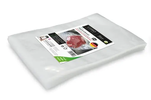 Doar azi Pungi sigilate lateral CASO 25 x 35 cm, 90 mm, 100 bucati, exclusiv pentru aparate de etansare in vid cu camera, suprafata neteda, cusatura de sudura stabila, fara BPA, sous vide, Fabricat in Germania