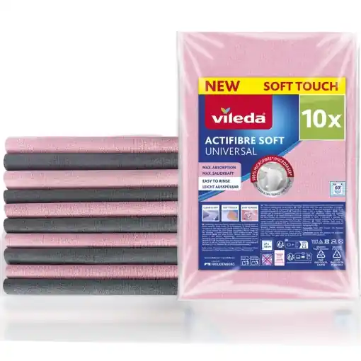 Livrare gratuită Vileda Actifibre Soft Carpa universala din microfibra, Carpa de curatare 100% din microfibra pentru rezultate fara dungi, absorbtie ridicata, ideala pentru toate suprafetele netede, roz si gri, 10 bucati