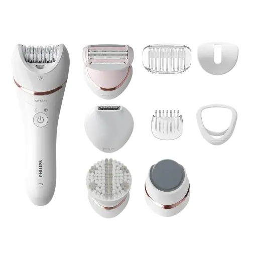 Reducere extra Epilator Philips Seria 8000, epilator umed si uscat fara fir pentru picioare si corp, cu 9 accesorii, aparat de ras, aparat de tuns parul lung, pedichiura si exfoliant corporal, model BRE740/10