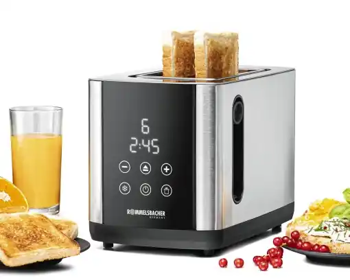 Preț redus PRAJITOR DE PAINE ROMMELSBACHER TO 850, 2 fante largi pentru paine prajita pana la XL, centrare automata felii de paine, afisaj LED, afisaj cu numaratoare inversa, 9 niveluri, nivel de dezghetare, atasament pentru chifle, sertar pentru firimituri