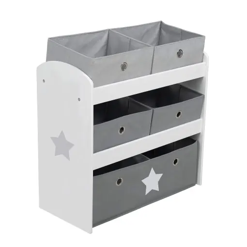 Chilipir roba Raft de joaca Stars - Raft de jucarii pentru camera copiilor cu 5 cutii din tesatura - cu motiv stea - Raft de depozitare pentru baieti si fete - lemn alb