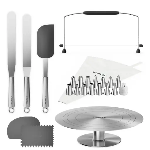 Preț redus Set de decorare pentru prajituri Kenwood KWSD100, set de decorare pentru prajituri si placinte, inclusiv farfurie pentru prajituri, punga de acoperire, 3 razuitoare pentru aluat, palet unghiular si intins si ferastrau pentru prajituri, otel inoxidabil