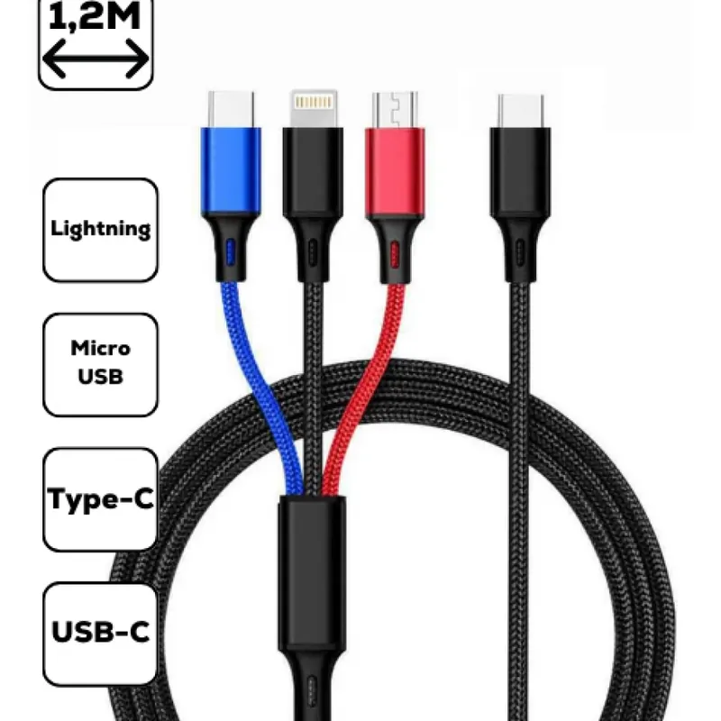 Plată sigură CELLECT USB Lightning + Micro USB + USB Type C Convertor Negru 1.2m MDCU-3IN1-TYPEC