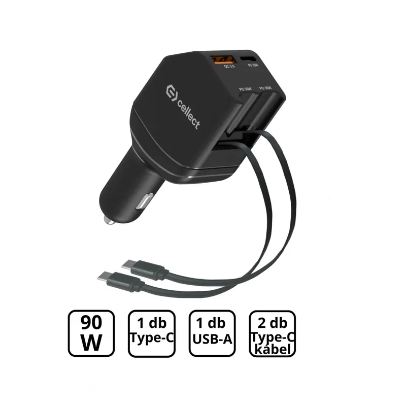 CELLECT Mașină încărcător 2 fix cablu 90W negru Ofertă specială