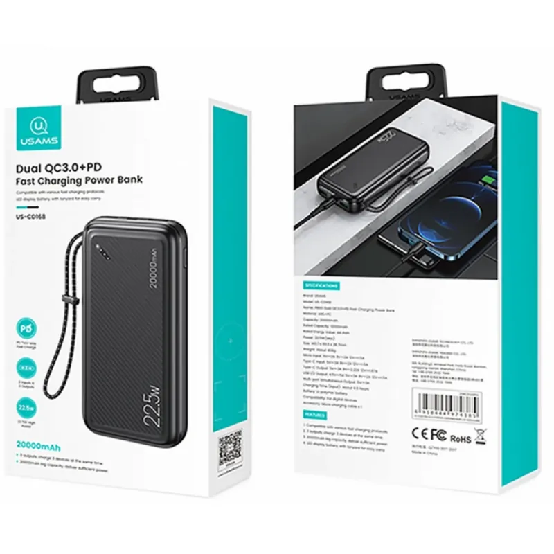 USAMS Power Bank 2xUSB 1xUSB-C 20000mAh 22.5W negru Nu rata