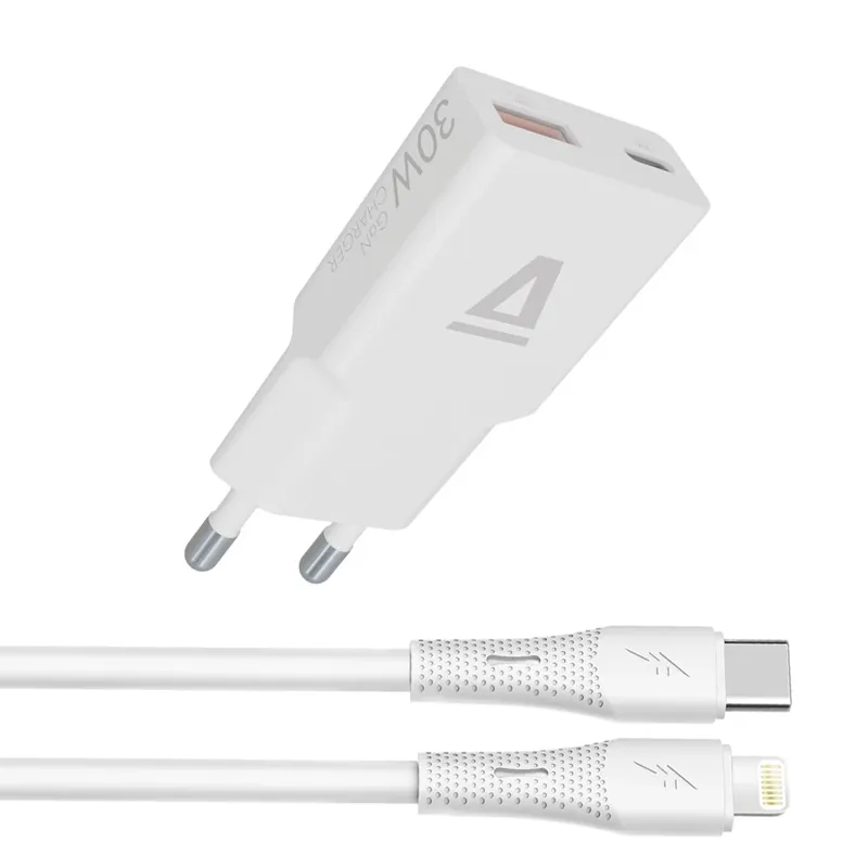 Livrare rapidă AVAX CH6414 30W GaN încărcător și USB-C–Lightning silicon cablu alb
